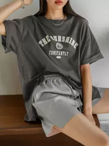 DAZY Letter Graphic Drop Shoulder Tee - Dark Grey - View 1