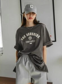 DAZY Letter Graphic Drop Shoulder Tee - Dark Grey - View 2