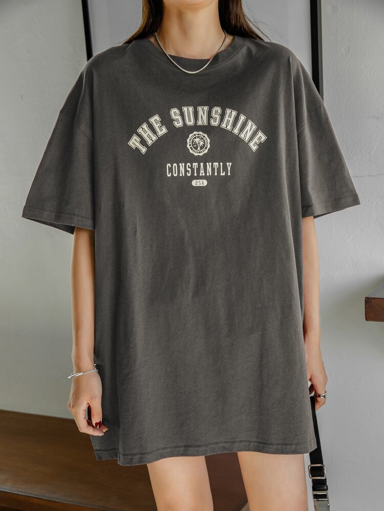 DAZY Camiseta Holgada Con Diseño Gráfico De Letras - Gris Oscuro - Añade 4