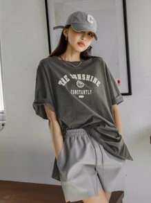 DAZY Letter Graphic Drop Shoulder Tee - Dark Grey - View 5