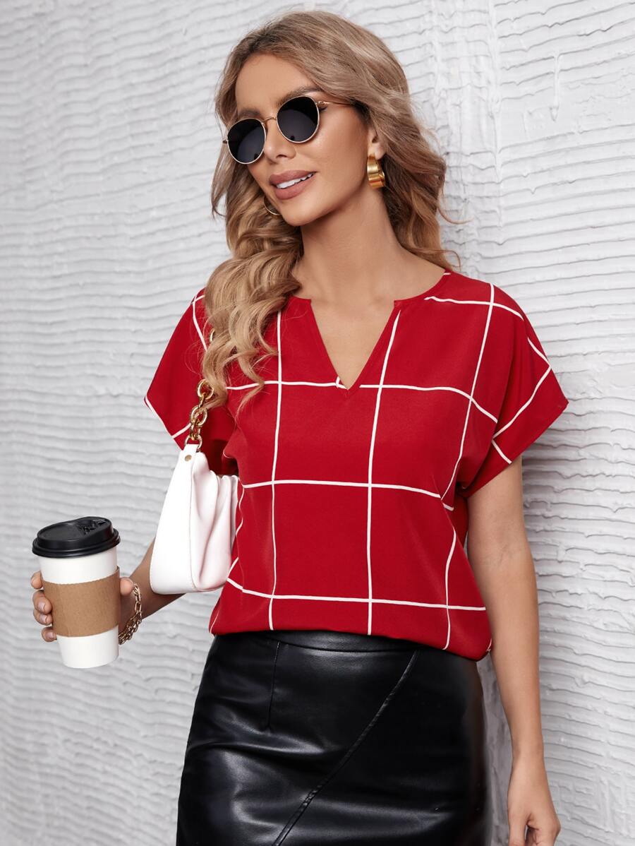 SHEIN Clasi Windowpane Print Notched Neck Batwing Sleeve Blouse - Red - View 1