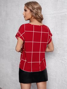 SHEIN Clasi Windowpane Print Notched Neck Batwing Sleeve Blouse - Red - View 2