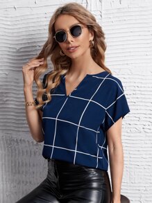 SHEIN Clasi 網格線條紋蝙蝠袖缺口領襯衫 - 藏蓝色 - 查看 1