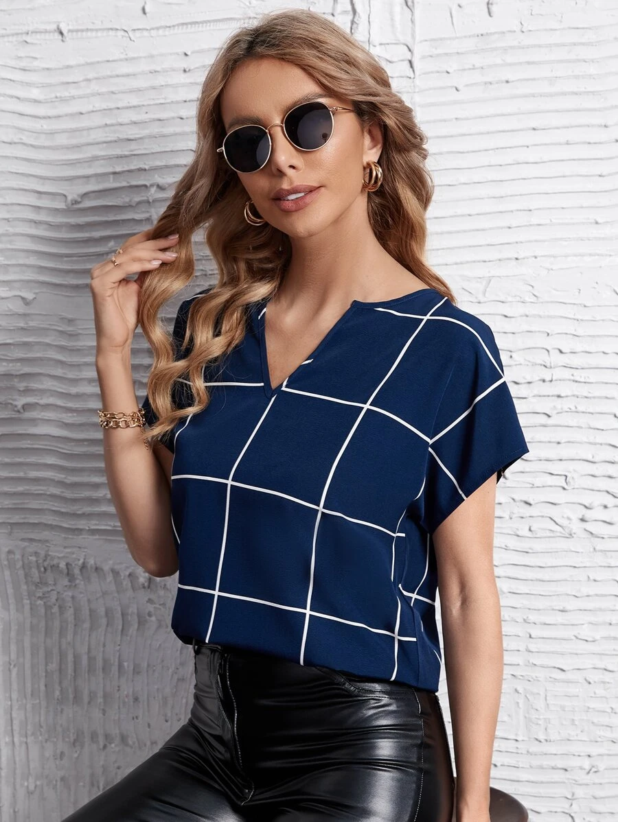 SHEIN Clasi 網格線條紋蝙蝠袖缺口領襯衫 - 藏蓝色 - 查看 1