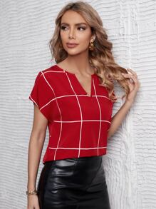 SHEIN Clasi Windowpane Print Notched Neck Batwing Sleeve Blouse - Red - View 4