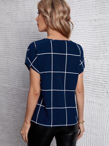 SHEIN Clasi 網格線條紋蝙蝠袖缺口領襯衫 - 藏蓝色 - 查看 2