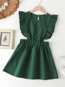 Girls Ruffle Trim Keyhole Back Dress - Dark Green - View 1