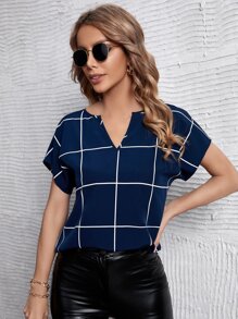 SHEIN Clasi 網格線條紋蝙蝠袖缺口領襯衫 - 藏蓝色 - 查看 4