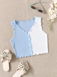 SHEIN Girls Lettuce Trim Colourblock Tank Top - Blue and White - View 1