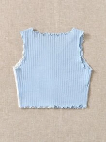 SHEIN Girls Lettuce Trim Colourblock Tank Top - Blue and White - View 2