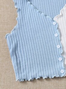 SHEIN Girls Lettuce Trim Colourblock Tank Top - Blue and White - View 3