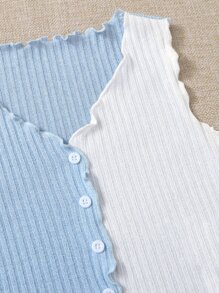 SHEIN Girls Lettuce Trim Colourblock Tank Top - Blue and White - View 4