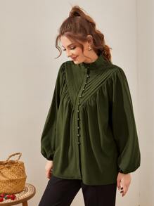 Mulvari Fold Pleated Lantern Sleeve Blouse Women Shirt - Army Green - View 1