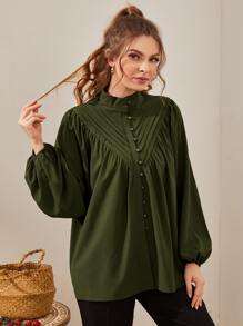 Mulvari Fold Pleated Lantern Sleeve Blouse Women Shirt - Army Green - View 3