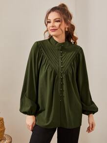 Mulvari Fold Pleated Lantern Sleeve Blouse Women Shirt - Army Green - View 4