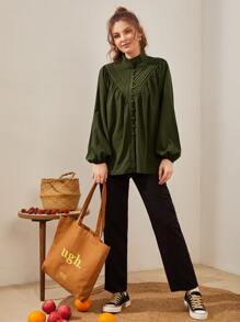 Mulvari Fold Pleated Lantern Sleeve Blouse Women Shirt - Army Green - View 5