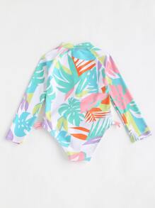 SHEIN 年輕女孩熱帶印花拉鍊一件式泳衣 - 彩色 - 查看 2