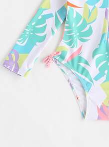 SHEIN 年輕女孩熱帶印花拉鍊一件式泳衣 - 彩色 - 查看 3