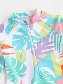 SHEIN 年輕女孩熱帶印花拉鍊一件式泳衣 - 彩色 - 查看 4