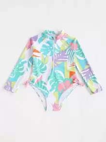 SHEIN 年輕女孩熱帶印花拉鍊一件式泳衣 - 彩色 - 查看 5