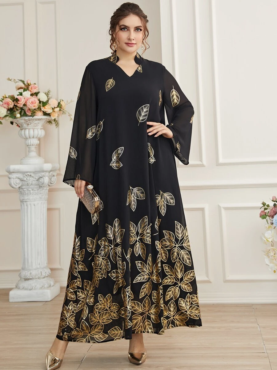 Đầm Plus Size Thực vật Khiêm tốn - màu đen - Xem 1