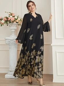 Đầm Plus Size Thực vật Khiêm tốn - màu đen - Xem 4