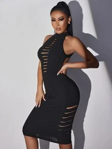 SHEIN SXY Đầm Lộ Lưng Bị tách màu trơn Gợi cảm - màu đen - Xem 7