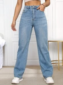 SHEIN EZwear High Waist Solid Jeans - Light Wash - View 3