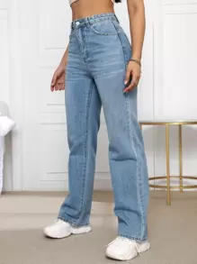 SHEIN EZwear High Waist Solid Jeans - Light Wash - View 5