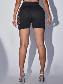 SHEIN SXY Quần đùi nữ Cắt ra màu trơn Gợi cảm - màu đen - Xem 5