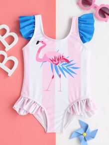 Bebé niña Bañador una pieza con estampado de flamenco fruncido - Multicolor - Ver 1