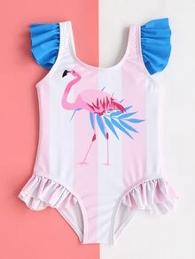 Bebé niña Bañador una pieza con estampado de flamenco fruncido - Multicolor - Ver 3