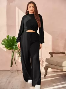 SHEIN Essnce Plus Lantern Sleeve Mock Neck Crop Top & Drawstring Waist Wide Leg Trousers