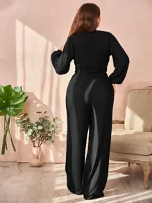 SHEIN Essnce Plus Lantern Sleeve Mock Neck Crop Top & Drawstring Waist Wide Leg Trousers