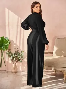 SHEIN Essnce Plus Lantern Sleeve Mock Neck Crop Top & Drawstring Waist Wide Leg Trousers