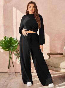 SHEIN Essnce Plus Lantern Sleeve Mock Neck Crop Top & Drawstring Waist Wide Leg Trousers