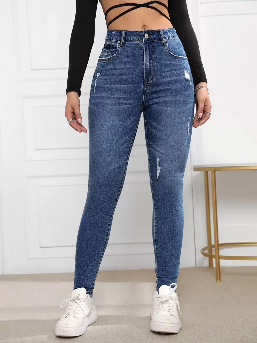 SHEIN Essnce Quần jean nữ Nút Túi Bị tách Dây kéo màu trơn - Rửa tối - Xem 1