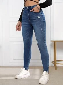 SHEIN Essnce Quần jean nữ Nút Túi Bị tách Dây kéo màu trơn - Rửa tối - Xem 3