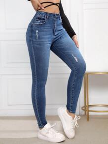 SHEIN Essnce Quần jean nữ Nút Túi Bị tách Dây kéo màu trơn - Rửa tối - Xem 4