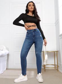 SHEIN Essnce Quần jean nữ Nút Túi Bị tách Dây kéo màu trơn - Rửa tối - Xem 5