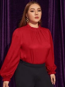 SHEIN Privé Áo sơ mi Plus Size Nút viền lá sen Xù màu trơn Thanh lịch - Đỏ - Xem 2