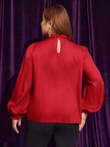 SHEIN Privé Áo sơ mi Plus Size Nút viền lá sen Xù màu trơn Thanh lịch - Đỏ - Xem 3