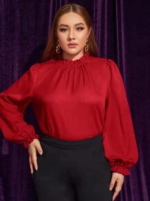 SHEIN Privé Áo sơ mi Plus Size Nút viền lá sen Xù màu trơn Thanh lịch - Đỏ - Xem 4
