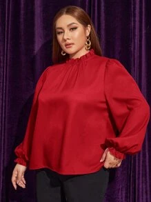 SHEIN Privé Áo sơ mi Plus Size Nút viền lá sen Xù màu trơn Thanh lịch - Đỏ - Xem 5