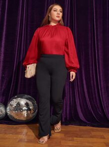 SHEIN Privé Áo sơ mi Plus Size Nút viền lá sen Xù màu trơn Thanh lịch - Đỏ - Xem 6