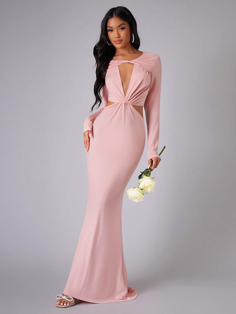SHEIN 前扭結鏤空長洋裝 - 淺粉色 - 查看 1