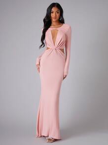 SHEIN 前扭結鏤空長洋裝 - 淺粉色 - 查看 3