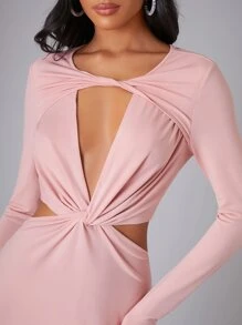 SHEIN 前扭結鏤空長洋裝 - 淺粉色 - 查看 4