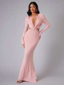 SHEIN 前扭結鏤空長洋裝 - 淺粉色 - 查看 5