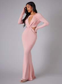 SHEIN 前扭結鏤空長洋裝 - 淺粉色 - 查看 6